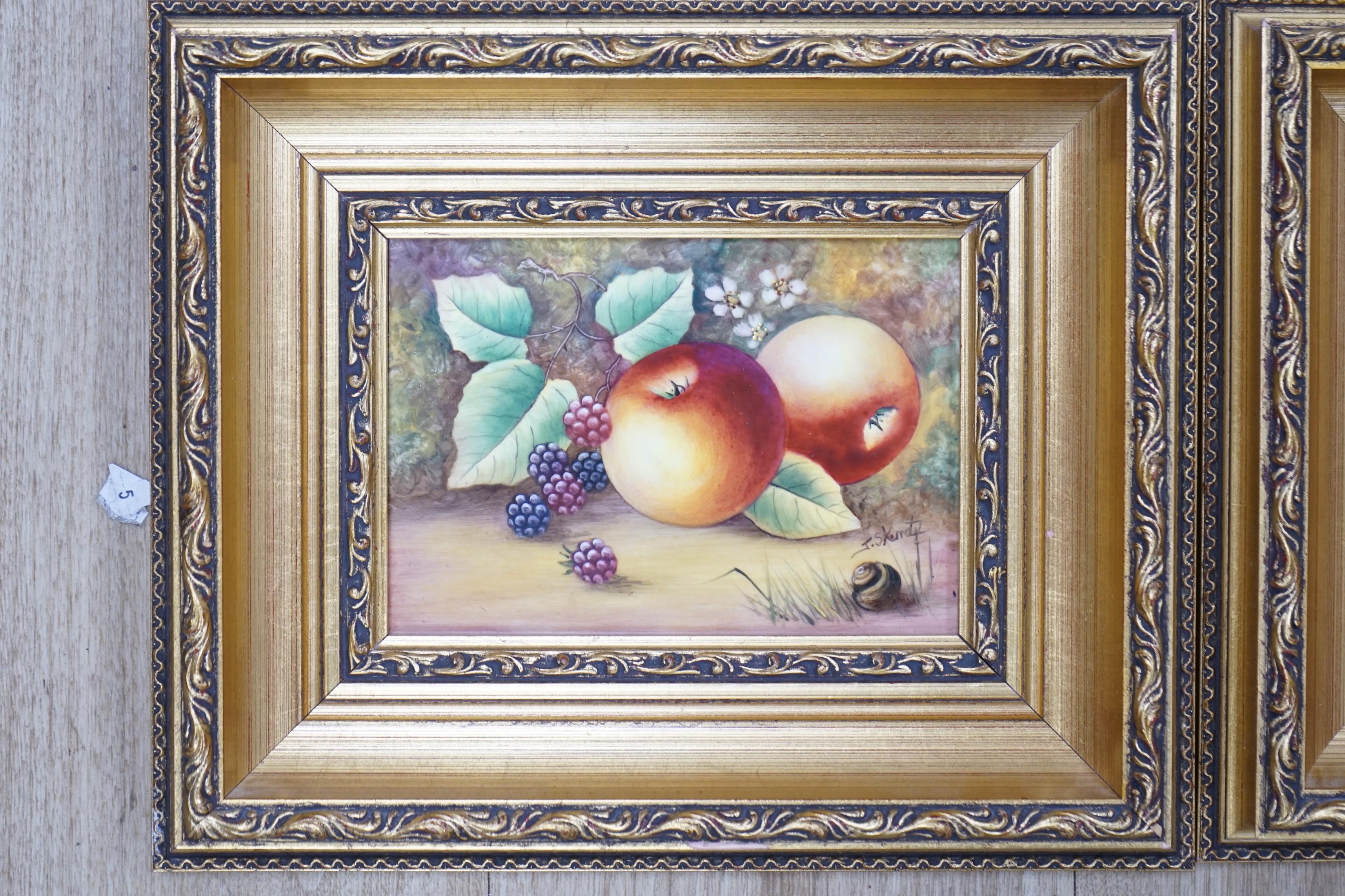 James Skerrett (Royal Worcester artist), pair of hand painted porcelain plaques, Still lifes of fruit, signed, 12 x 17cm